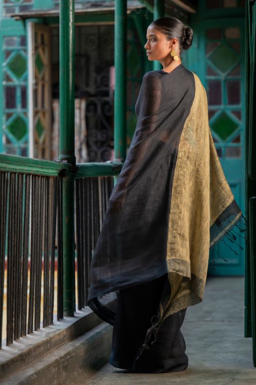 TICH Elegant Handwoven Bengal Linen Saree - Charcoal Dusk