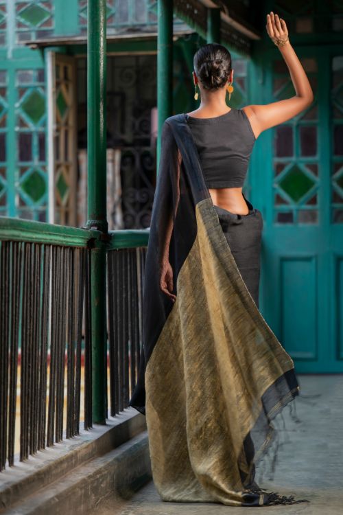 TICH Elegant Handwoven Bengal Linen Saree - Charcoal Dusk