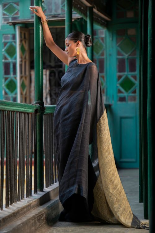 TICH Elegant Handwoven Bengal Linen Saree - Charcoal Dusk