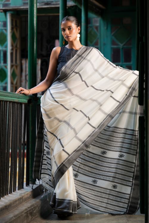 TICH Soft & Light Handwoven Bengal Cotton Saree - Monochrome Moods