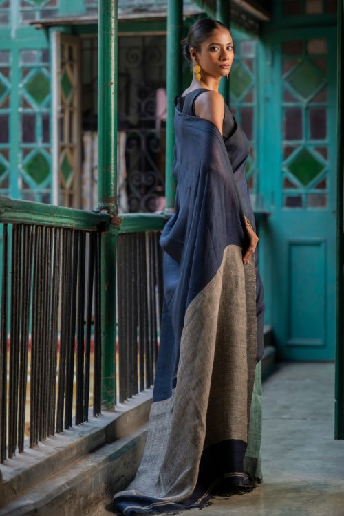 TICH Elegant Handwoven Bengal Linen Saree - Midnight Whisper