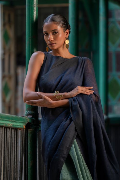 TICH Elegant Handwoven Bengal Linen Saree - Midnight Whisper