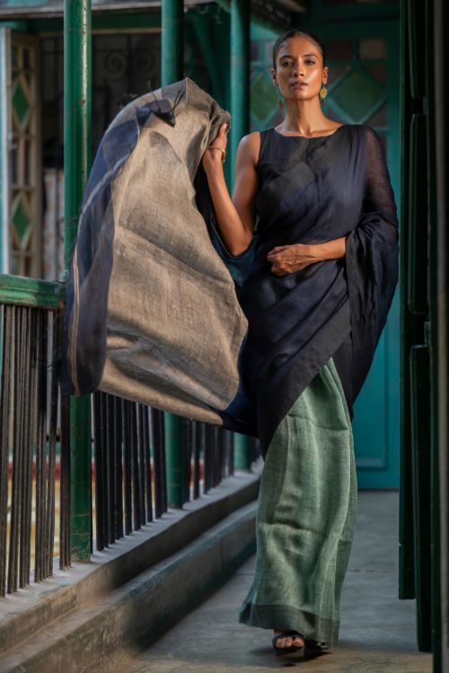 TICH Elegant Handwoven Bengal Linen Saree - Midnight Whisper