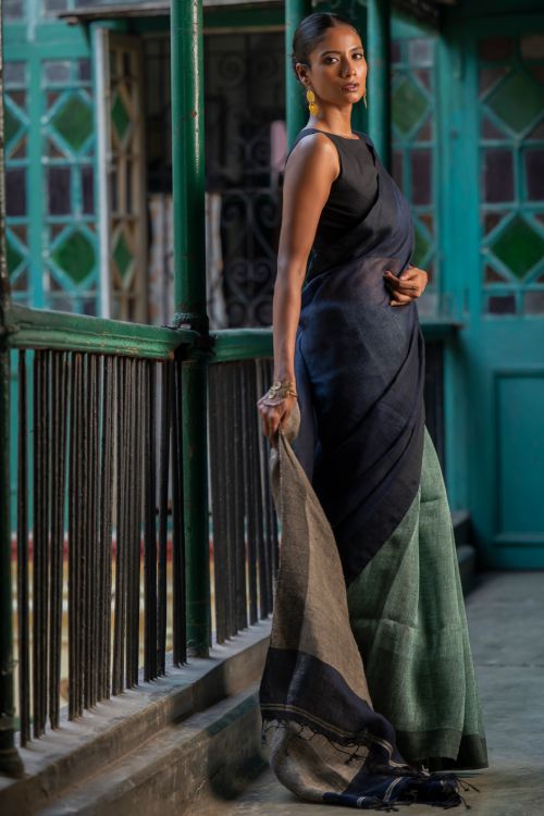 TICH Elegant Handwoven Bengal Linen Saree - Midnight Whisper
