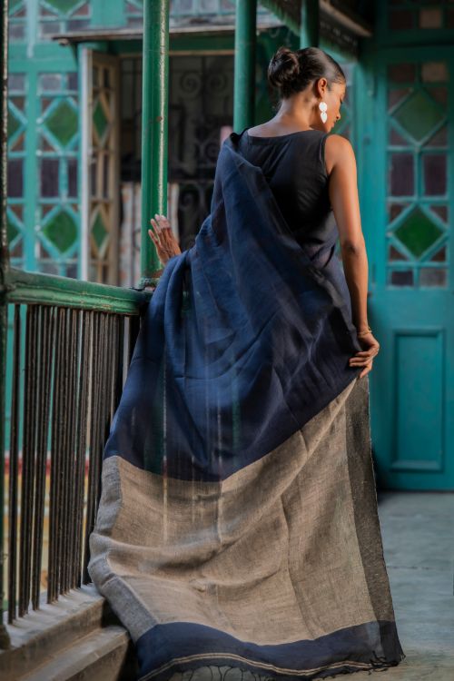 TICH Elegant Handwoven Bengal Linen Saree - Midnight Whisper