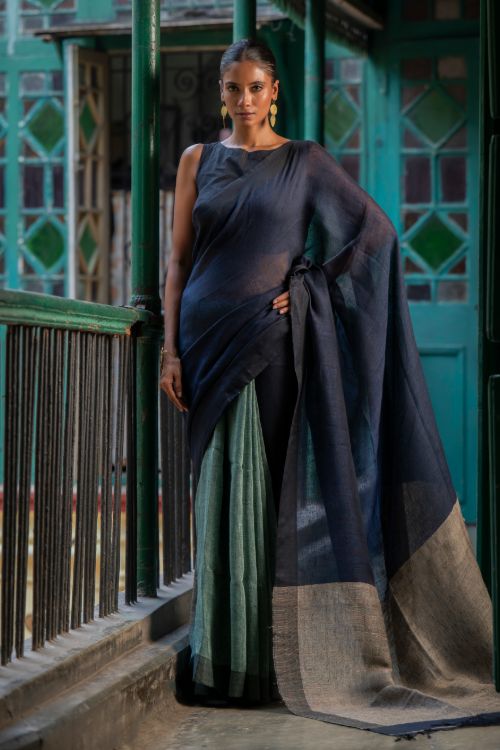 TICH Elegant Handwoven Bengal Linen Saree - Midnight Whisper