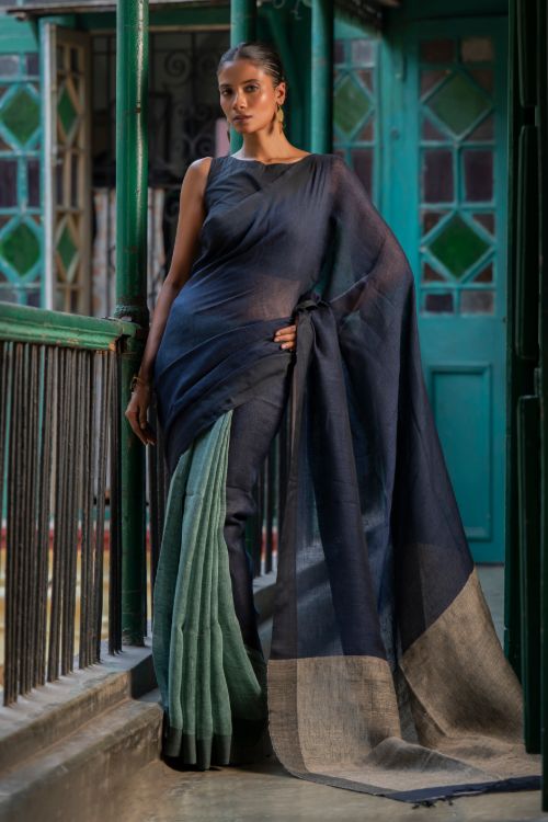 TICH Elegant Handwoven Bengal Linen Saree - Midnight Whisper