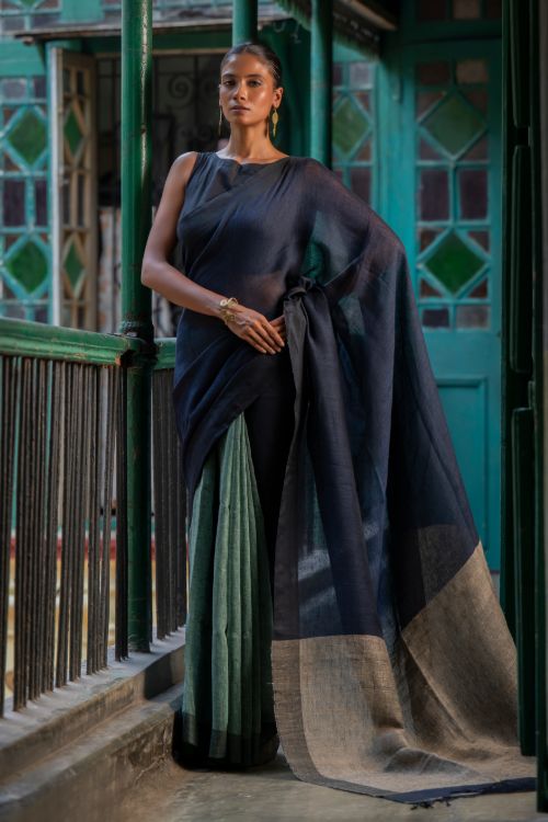 TICH Elegant Handwoven Bengal Linen Saree - Midnight Whisper