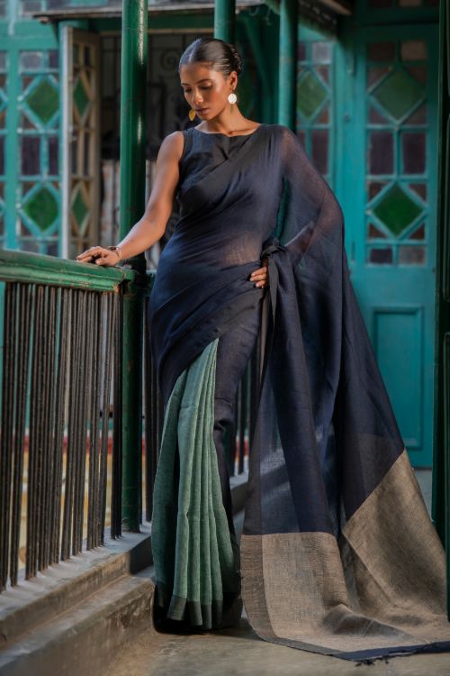 TICH Elegant Handwoven Bengal Linen Saree - Midnight Whisper