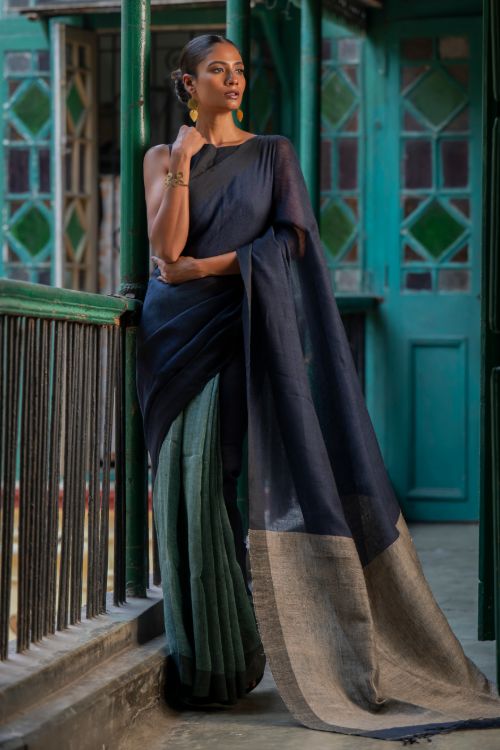 TICH Elegant Handwoven Bengal Linen Saree - Midnight Whisper