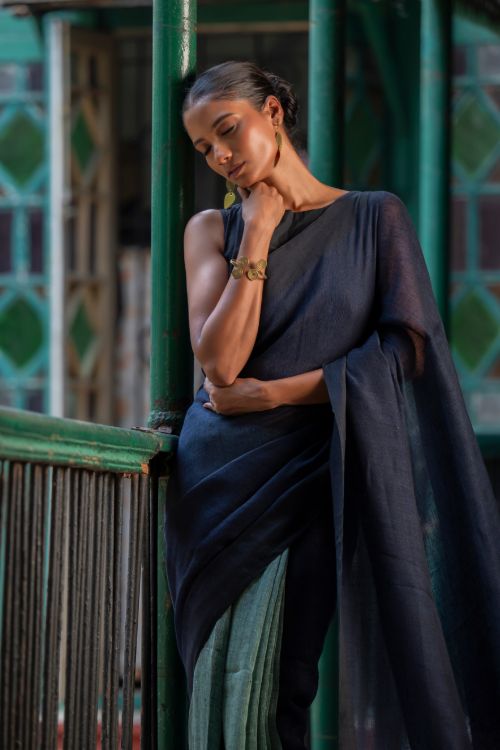 TICH Elegant Handwoven Bengal Linen Saree - Midnight Whisper