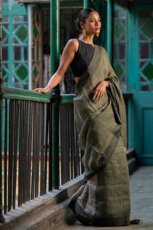 TICH Elegant Handwoven Bengal Linen Saree - Mint Moods