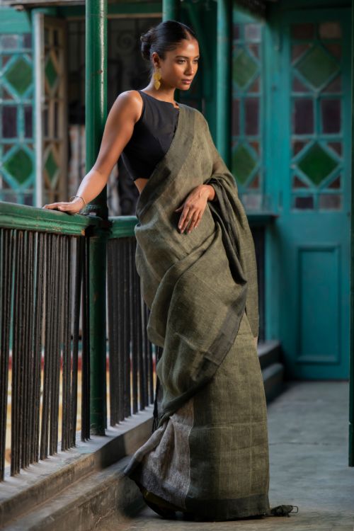 TICH Elegant Handwoven Bengal Linen Saree - Mint Moods