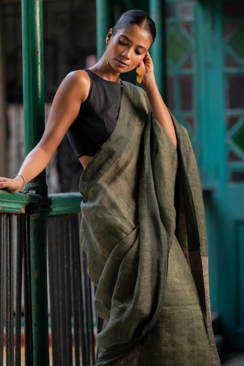 TICH Elegant Handwoven Bengal Linen Saree - Mint Moods
