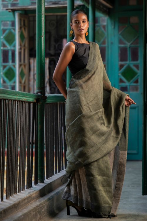 TICH Elegant Handwoven Bengal Linen Saree - Mint Moods