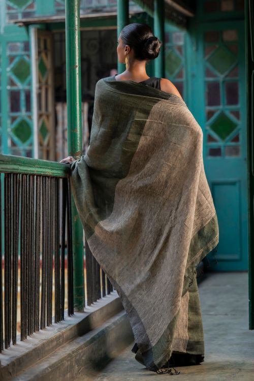 TICH Elegant Handwoven Bengal Linen Saree - Mint Moods