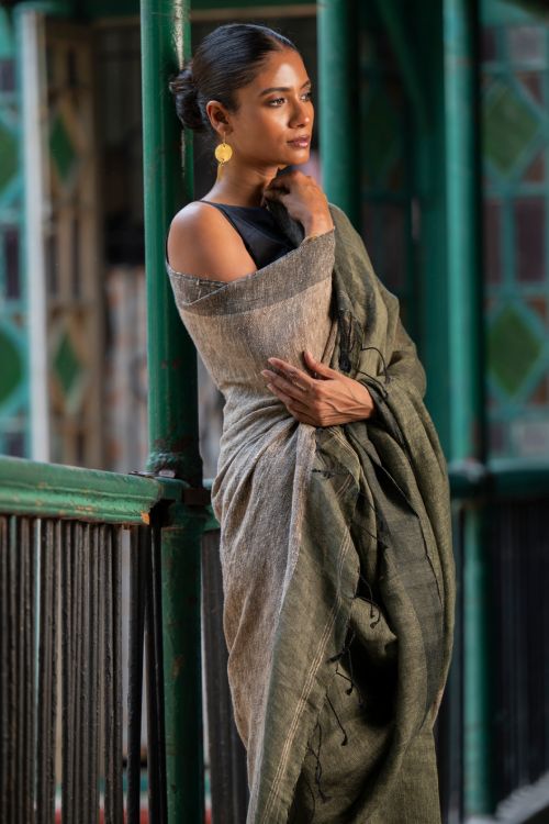 TICH Elegant Handwoven Bengal Linen Saree - Mint Moods