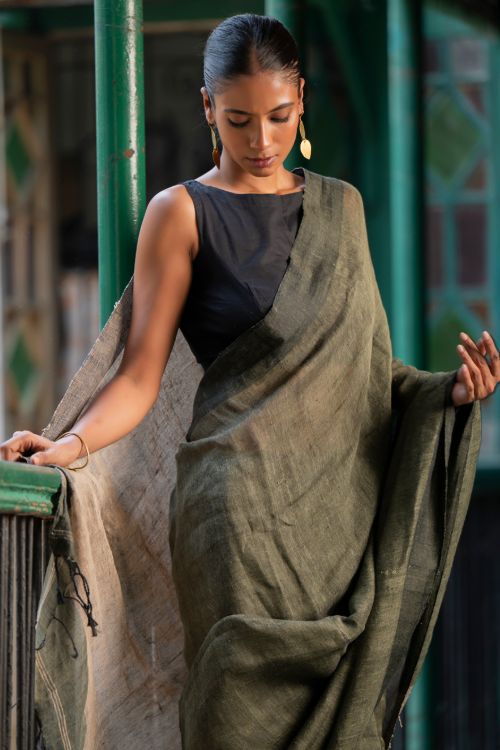 TICH Elegant Handwoven Bengal Linen Saree - Mint Moods