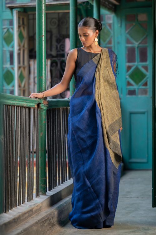 TICH Stunning Elegance. Handwoven Bengal Linen Saree - Indigo Drape