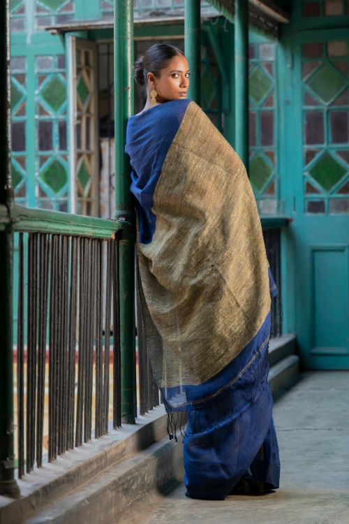 TICH Stunning Elegance. Handwoven Bengal Linen Saree - Indigo Drape