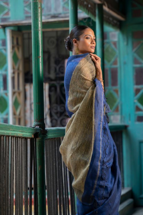 TICH Stunning Elegance. Handwoven Bengal Linen Saree - Indigo Drape