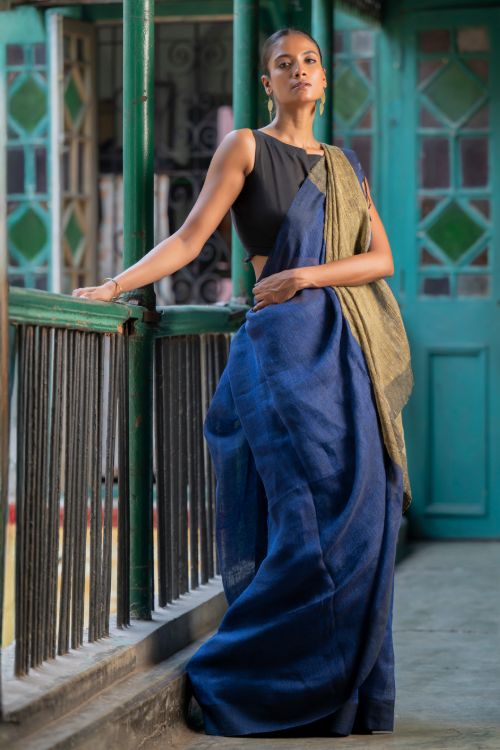 TICH Stunning Elegance. Handwoven Bengal Linen Saree - Indigo Drape