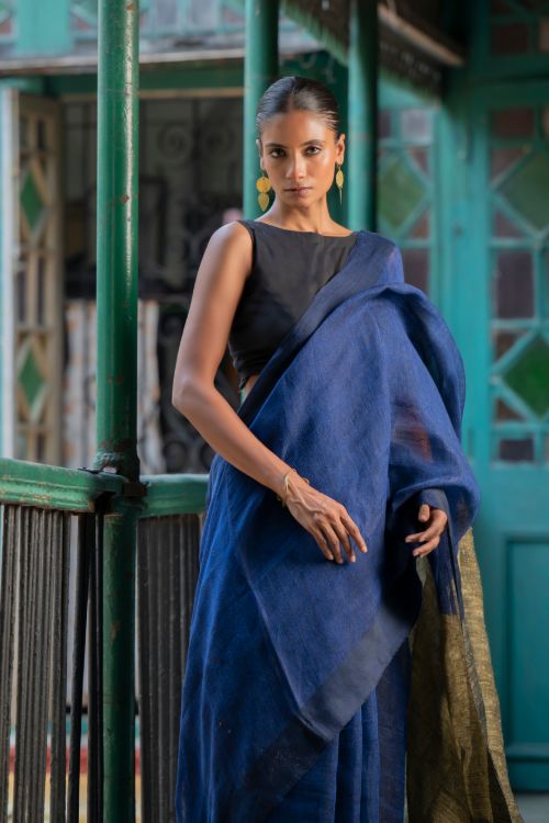 TICH Stunning Elegance. Handwoven Bengal Linen Saree - Indigo Drape