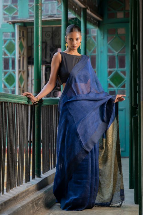 TICH Stunning Elegance. Handwoven Bengal Linen Saree - Indigo Drape