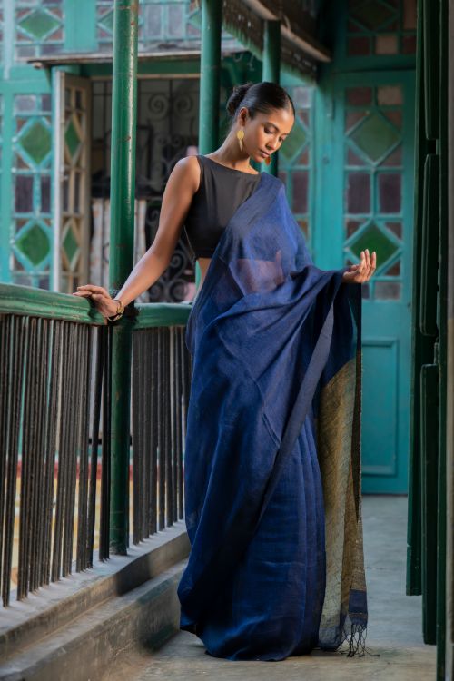 TICH Stunning Elegance. Handwoven Bengal Linen Saree - Indigo Drape
