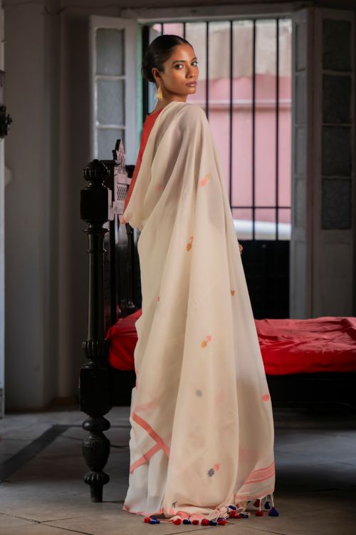 TICH Exclusive Soft Handwoven Bengal Cotton Jamdani Saree - Cream Elegance