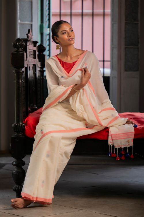 TICH Exclusive Soft Handwoven Bengal Cotton Jamdani Saree - Cream Elegance