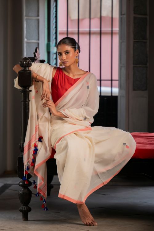 TICH Exclusive Soft Handwoven Bengal Cotton Jamdani Saree - Cream Elegance
