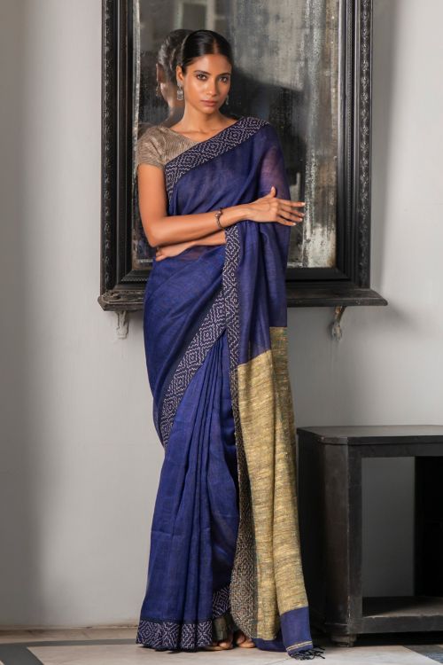 TICH Elegant Kantha Embroidered Handwoven Bengal Linen Saree - Blue Elegance