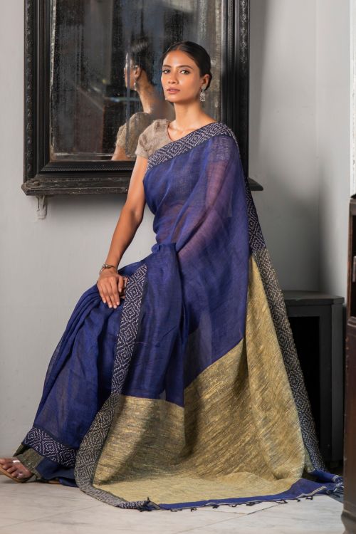 TICH Elegant Kantha Embroidered Handwoven Bengal Linen Saree - Blue Elegance