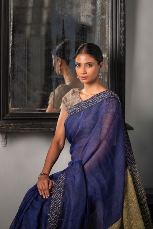 TICH Elegant Kantha Embroidered Handwoven Bengal Linen Saree - Blue Elegance