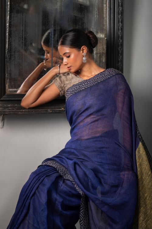 TICH Elegant Kantha Embroidered Handwoven Bengal Linen Saree - Blue Elegance