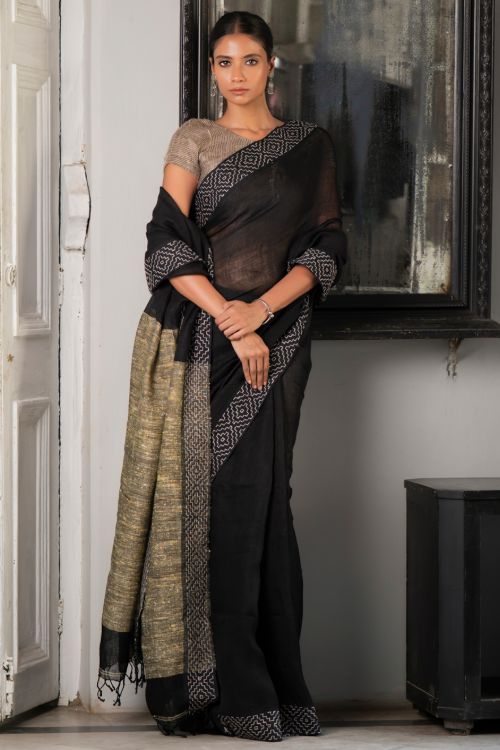 TICH Elegant Kantha Embroidered Handwoven Bengal Linen Saree - Twilight Draft
