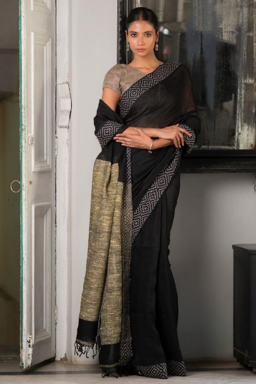 TICH Elegant Kantha Embroidered Handwoven Bengal Linen Saree - Twilight Draft