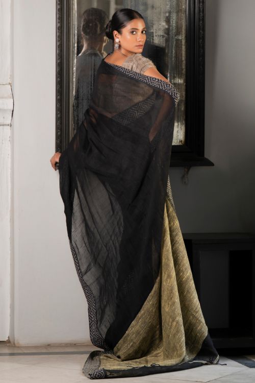 TICH Elegant Kantha Embroidered Handwoven Bengal Linen Saree - Twilight Draft