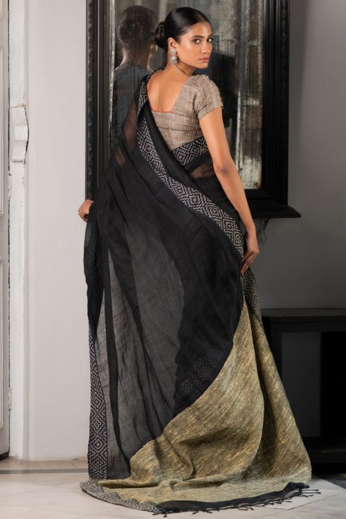 TICH Elegant Kantha Embroidered Handwoven Bengal Linen Saree - Twilight Draft
