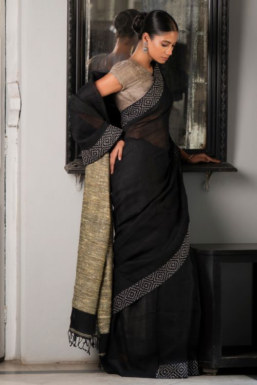 TICH Elegant Kantha Embroidered Handwoven Bengal Linen Saree - Twilight Draft