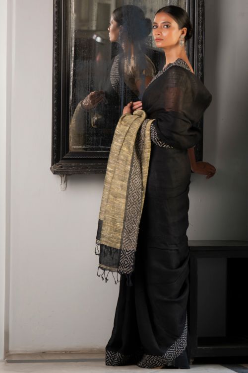 TICH Elegant Kantha Embroidered Handwoven Bengal Linen Saree - Twilight Draft