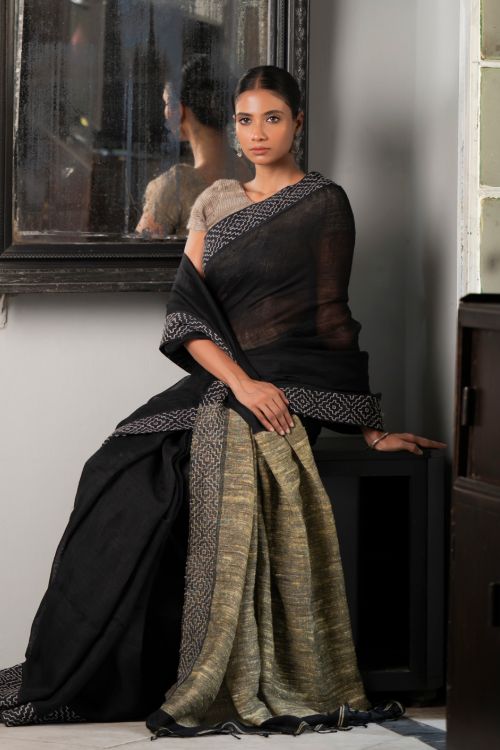 TICH Elegant Kantha Embroidered Handwoven Bengal Linen Saree - Twilight Draft