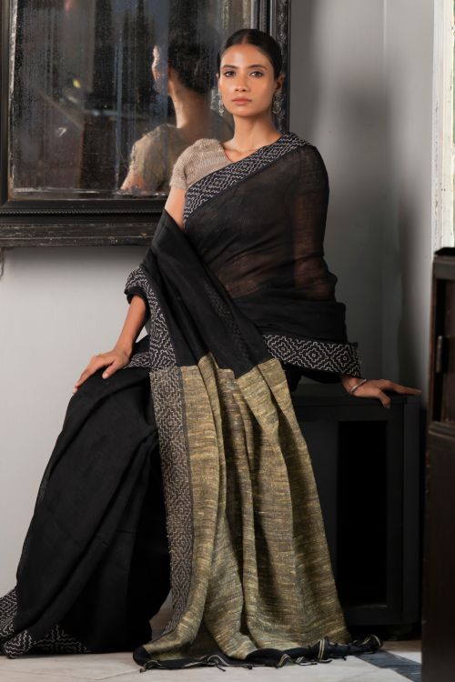TICH Elegant Kantha Embroidered Handwoven Bengal Linen Saree - Twilight Draft