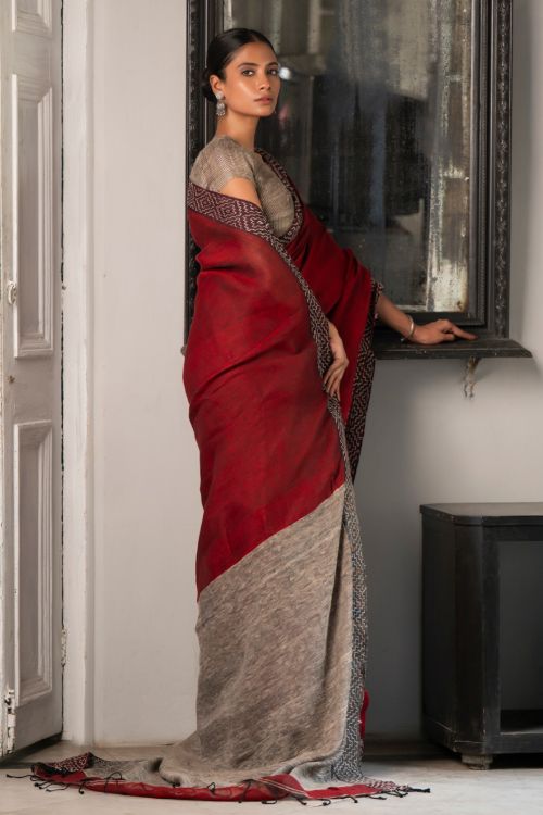 TICH Elegant Kantha Embroidered Handwoven Bengal Linen Saree - Rosebay