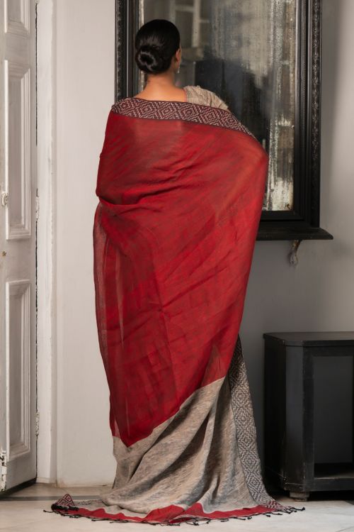 TICH Elegant Kantha Embroidered Handwoven Bengal Linen Saree - Rosebay