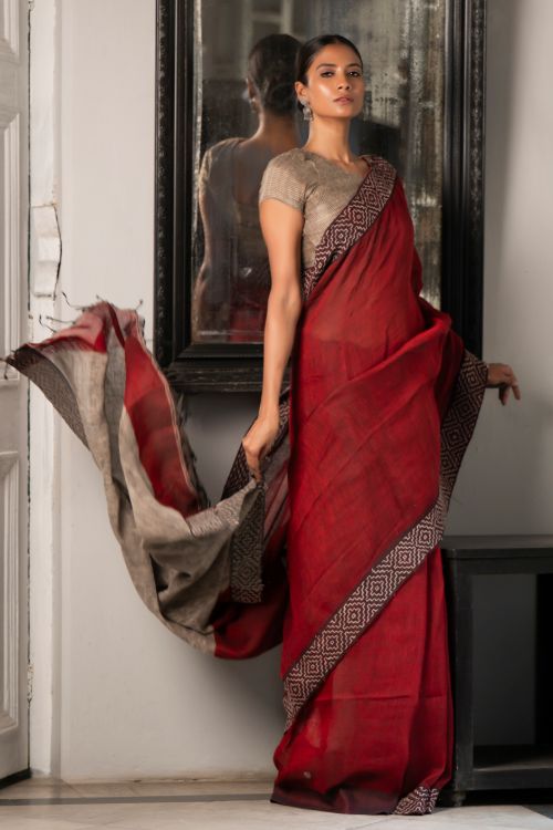 TICH Elegant Kantha Embroidered Handwoven Bengal Linen Saree - Rosebay