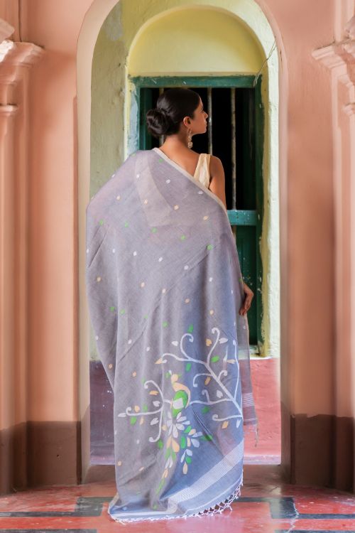 TICH Exclusive Soft Handwoven Bengal Cotton Jamdani Saree - Forest Tales