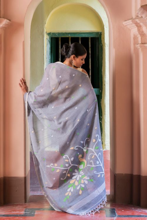 TICH Exclusive Soft Handwoven Bengal Cotton Jamdani Saree - Forest Tales