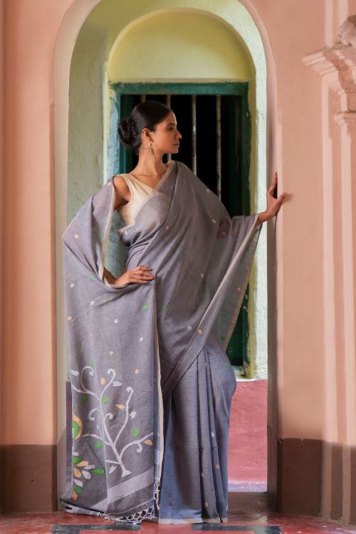 TICH Exclusive Soft Handwoven Bengal Cotton Jamdani Saree - Forest Tales